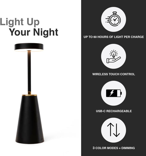 Dimmable 3 LED Wireless Table Light - USB-C Rechargeable Lamp Cordless - Touch Sensor - Portable - Brightness Modes
