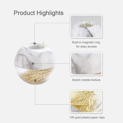 MultiBey Gold Paper Clips in Elegant Magnetic Marble White Clip Holder - 28mm, 100 Clips per Box