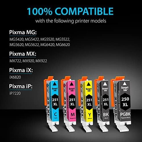 Smart Ink Compatible Ink Cartridge Replacement for Canon PIXMA PGI-250XL CLI-251XL (1 PGBK & 1 BK/C/M/Y 5 Combo Pack)
