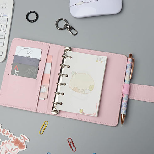 Pink A7 Macaron Colored PU Leather Binder Wallet - 6 Rings Loose Leaf Notebook Folders with Snap Button