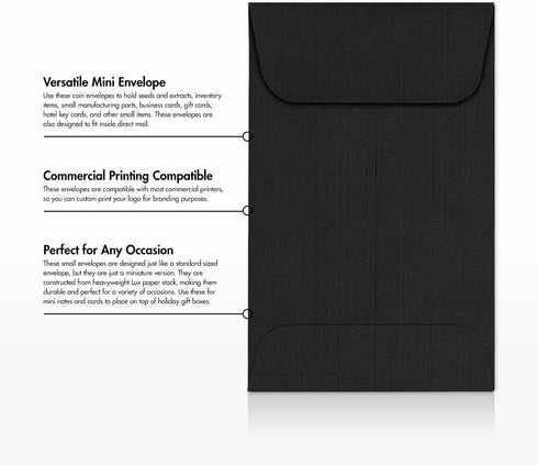 LUXPaper #1 Coin Envelopes, 2 1/4" x 3 1/2", Black Linen, 80lb. Text, 50 Qty