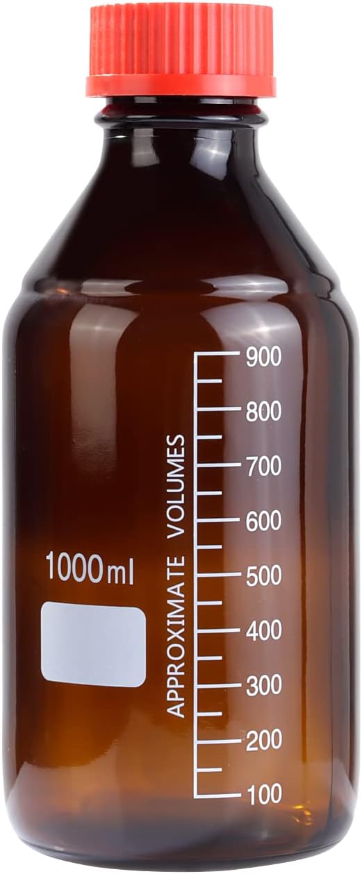 4 Pieces Amber Glass 1000 mL Graduated Round Lab Reagent Bottles with GL45 Red Screw Cap