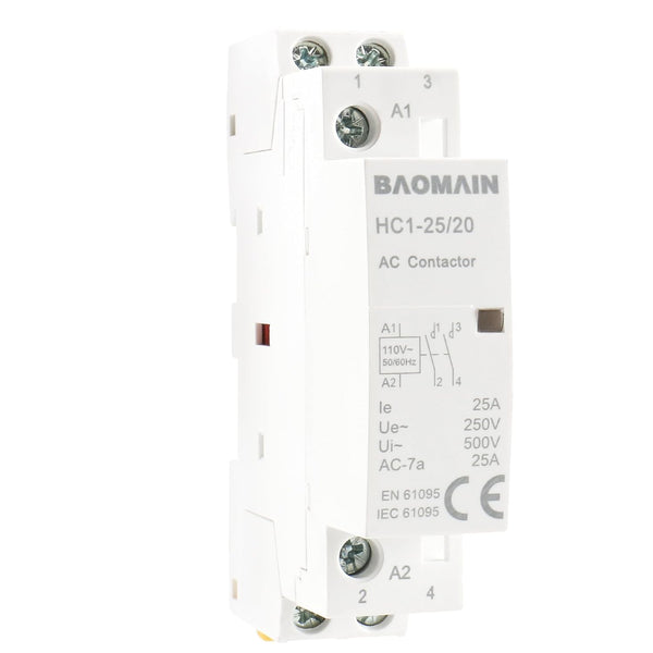Baomain 110V AC 2-Pole Modular Contactor, 25A 2NO Normally Open, DIN Rail Mount for HVAC, Motor, Pump & Lighting Control