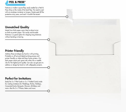 LUXPaper A7 Invitation Envelopes | 5 1/4" x 7 1/4" | Natural White | 80lb. Text | 100% Cotton | 50 Qty | Peel & Press