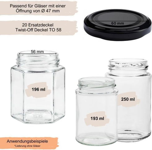 mikken 6 cm Pack 20 Twist-Off Jam Jars Diameter of Black