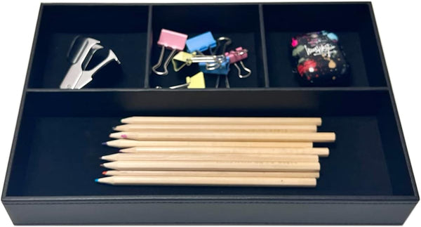 UnionBasic Flat Leather Desk Drawer Tray, 4-Slot Stationery Organizer Storage Box for Pens and Gadgets (Black)
