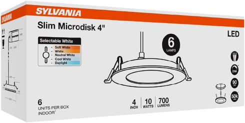 4" 10W, 5 (2700K 5000K) 700 90 Dimmable, 6 Pack (61189) Sylvania Slim Microdisk Downlight, CCT Select - Recessed
