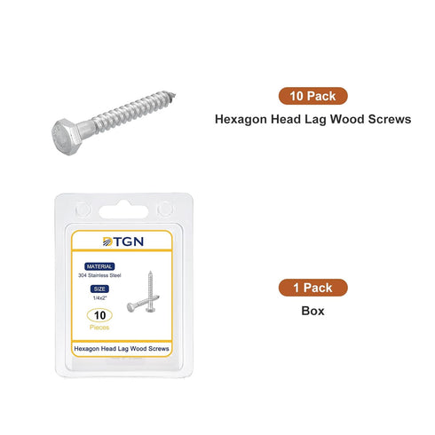 10 Pack 1/4" x 2" Hex Lag Bolts for Woodworking, 304 Stainless Steel Partial Thread Hexagon Head Screws