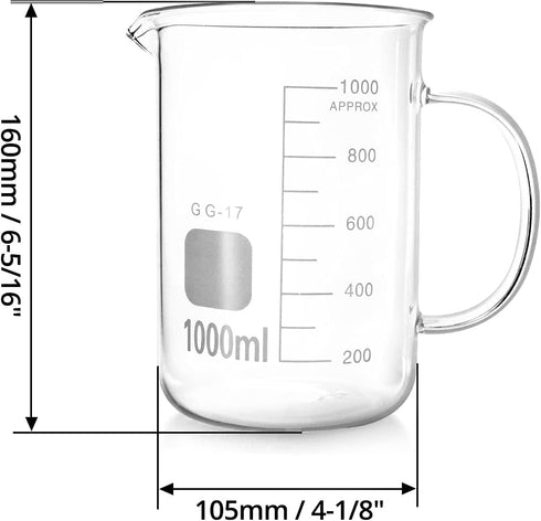 QWORK 1000ml Beaker with Handle, Borosilicate Glass Measuring Cup with Pouring Spout