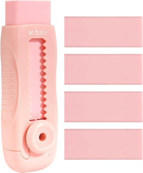 M&G 4+1 Pack Rubber Pink Erasers, Sliding Retractable Eraser, Soft Cute Push Pull Large Pencil Erasers