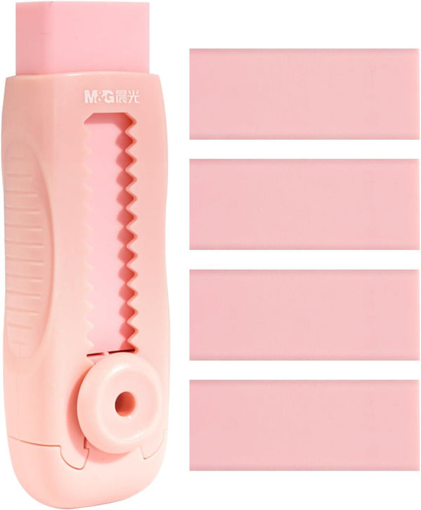 M&G 4+1 Pack Rubber Pink Erasers, Sliding Retractable Eraser, Soft Cute Push Pull Large Pencil Erasers