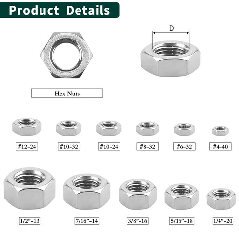 304 Stainless Steel 3/8-16 Finished Hex Nut, Bright Finish, Full Thread, ASME B18.2.2, 25 Pcs Hexagon Nut