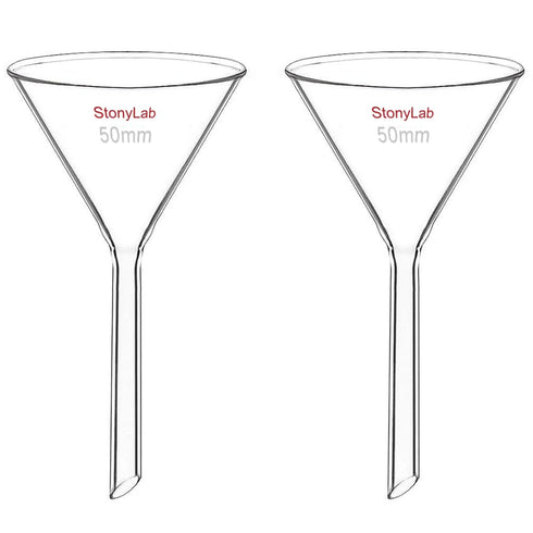 StonyLab 2-Pack Glass Heavy Wall Funnel, Borosilicate Glass Funnel, Short Stem 50mm Diameter