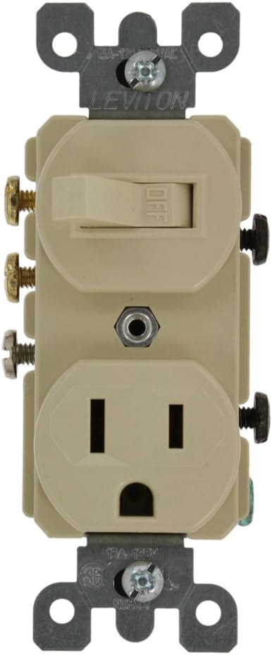 Leviton 5245-I 3-Way Duplex Combination Switch/Receptacle, 1 P, 3 Wire, 15 A, 120 Vac, Ivory