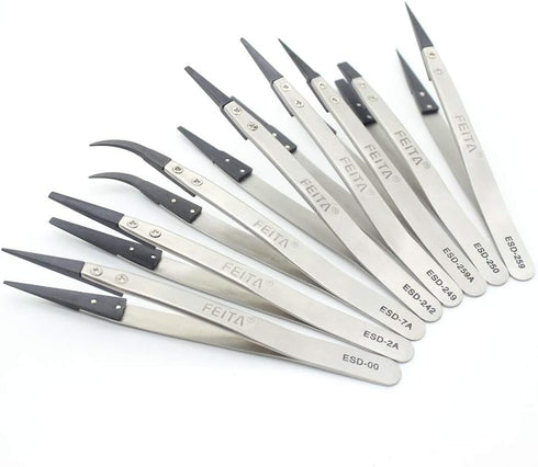 Precision Tweezer Set - FEITA Antistatic Replaceable Fiber Tip Stainless Steel ESD Tweezers for Electronics, Jewelry-Making, Laboratory, Hobby (8 Pcs)