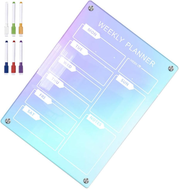 MAGICLULU Magnetic Fridge Calendar, Iridescent Clear Acrylic Dry Erase Board, Reusable Weekly Planner with Markers