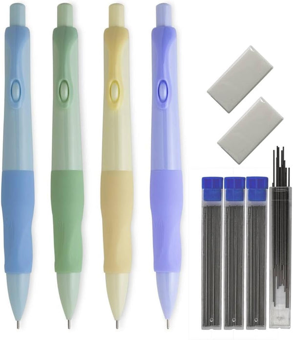 Cute Mechanical Pencil Set, 4 Pencils with 0.7 mm Leads, 4 Cases, 2 Erasers for Students