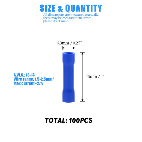 Glarks 100pcs 16-14 Gauge Butt Electrical Insulated Quick Splice Crimp Terminals Connectors