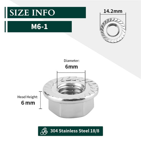 M6-1.0 Serrated Flange Hex Nuts, 50 pcs, 304 Stainless Steel, Bright Finish, Full Thread, DIN6923