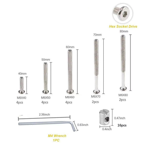 LOTOKEMU M6x40/50/60/70/80 mm (16set) Crib Screw Kit Furniture Bolts Barrel Nuts Assortment for Bunk Beds, Cribs, Baby