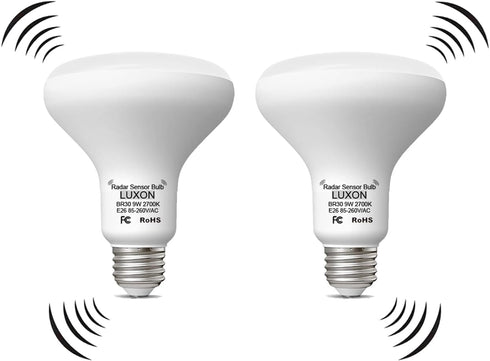 LUXON 9W BR30 Radar Motion Sensor Light Bulbs, Dusk to Dawn 90W Equivalent, Indoor Outdoor Auto On/Off E26 Base
