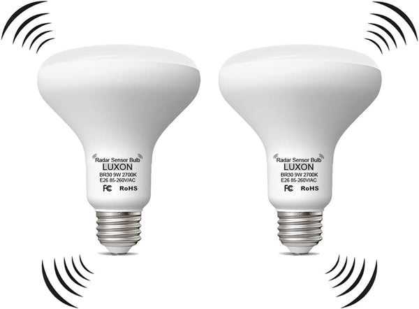 LUXON 9W BR30 Radar Motion Sensor Light Bulbs, Dusk to Dawn 90W Equivalent, Indoor Outdoor Auto On/Off E26 Base