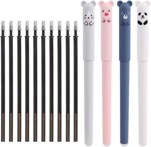 RIANCY 0.4mm Erasable Gel Pens 12 Pack Cute Cartoon Animal Rollerball Refillable Pens for Adult Writing Kids