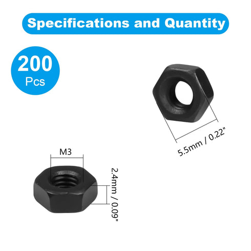 Yinpecly 200pcs M3-0.5 8.8, M3x0.5mm M3 Hex Nut, Carbon Steel Grade Black Oxide, Hex Drive, Metric Hexagon Hex Nut