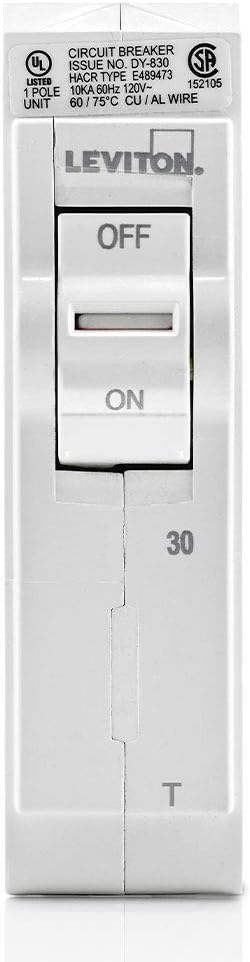 Leviton LB130-T 30A 1-Pole Plug-On Standard Branch Circuit Breaker, Thermal Magnetic, 120 VAC, White by Leviton
