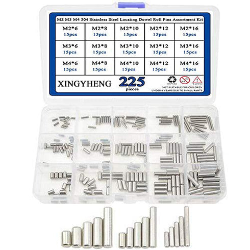 XINGYHENG 225Pcs M2 M3 M4 304 Stainless Steel Dowel Pins Assortment Kit with Storage Box