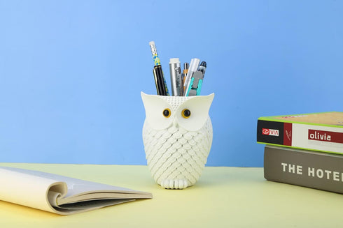 Owl Resin Pen Holder and Makeup Brush Holder, Desk Organizer for Office, School, and Home, White