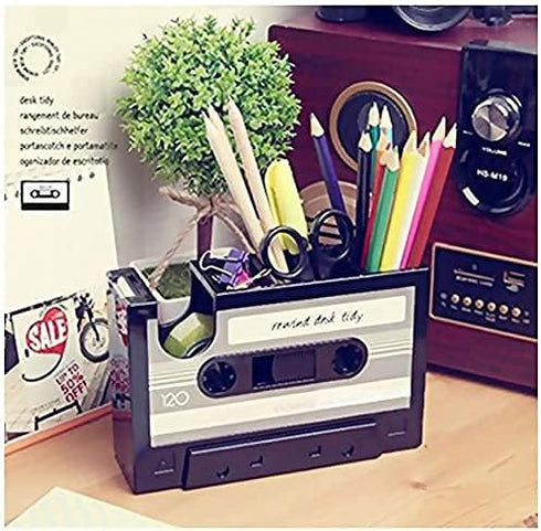 Cassette Tape Dispenser Pen Holder Vase, Black Pencil Pot Stationery Desk Tidy Container Gift by Onepalace