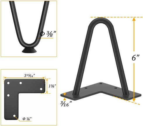 6 inch, 3/8" 4 Genius Iron Hairpin Furniture Legs Solid Metal Steel Firm Welding Home DIY for Couch Dresser Cabinet