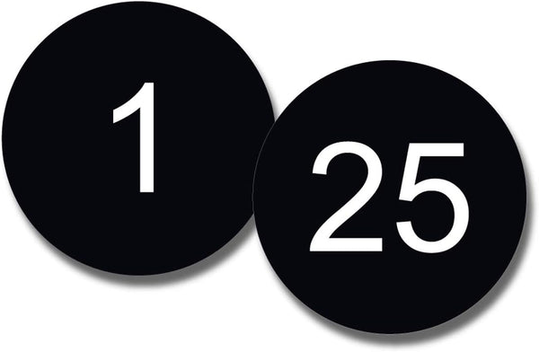 NapTags Circle Numbered Vinyl Decal Stickers, 1.5 inches x 1.5 inches (Black with White Numbers, 1-25)
