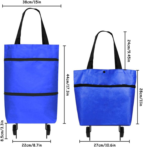 YASYU 2 1 Foldable Shopping Trolley with Wheels - in Reusable Grocery Tote Bag - Blue