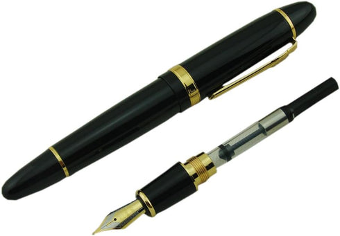 Jinhao 159 Fountain Pen Medium Black Lacquer with Gold Trim, Heavy with Pen Pouch & Refill Ink Converter