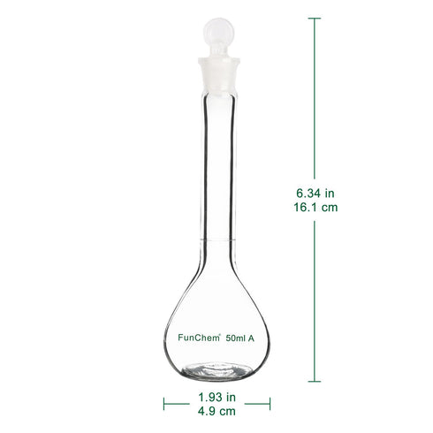 Glass Volumetric Flask with Glass Stopper, Borosilicate Glass Heavy Wall, Class A, Tolerance ±0.05 ml, 50 ml (Pack of 1)