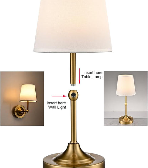Set 2, 2-in-1 Dimmable Bulbs Battery Operated Table Lamp Wall Sconce of Gold Rechargeable Desk Lamp Wall Lights