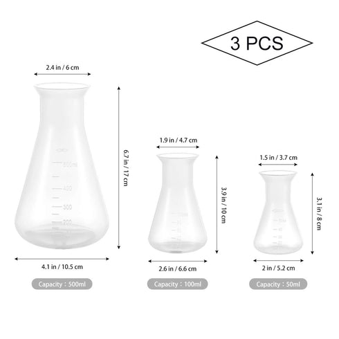 Hemobllo Plastic Erlenmeyer Flask Set - 3 Pcs Graduated Scientific Flasks (50ml+100ml+500ml)