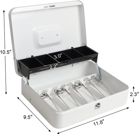 Cash Box with Key Lock, Durable Metal Cash Box with Money Tray, Lock Box Safe Storage Security Locker with Cable, White