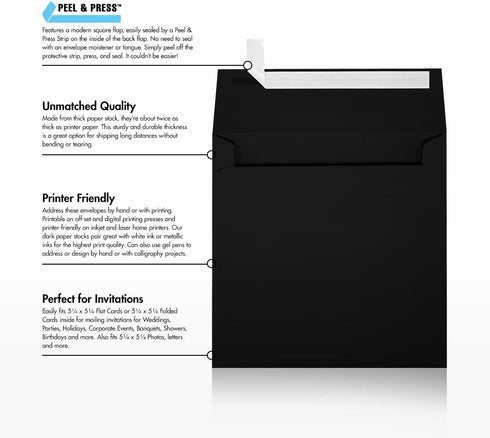 LUXPaper 5 1/2" x 5 1/2" Square Invitation Envelopes | Peel & Press | Midnight Black | 80lb. Text | 50 Qty