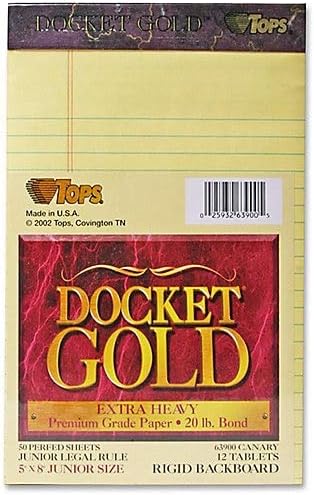 TOPS Docket Gold Writing Pads, Jr. Legal Rule, 5" x 8", Canary Paper, 50 Sheets, 12 Pack (63900)
