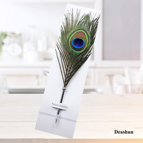 Peacock Feather Ballpoint Pens - Black Ink Natural Feather Quill Pen for Kids School Writing, Birthday Gift Pen