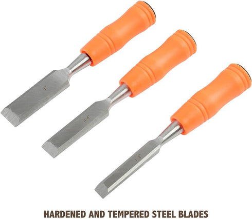 Buck Brothers 3-Piece Wood Chisel Set with Acetate Handles, 1/2 Inch, 3/4 Inch, 1 Inch