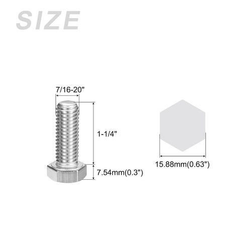 Hex Bolts (7/16-20x1-1/4") 6Pcs, 304 Stainless Steel Fully Threaded Hex Head Screw for Furniture Repair