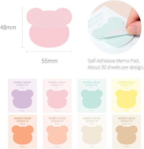 Monolike Bubble Bear Sticky-it - 8p Set Self-Adhesive Memo Pad 30 Sheets by Monolike