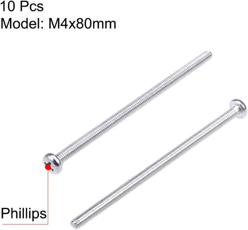 uxcell M4x80mm Machine Screws Pan Phillips Cross Head Screw 304 Stainless Steel Fasteners 10Pcs
