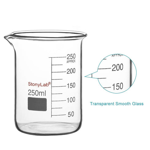 stonylab Borosilicate Glass Beaker, 250 ml Graduated Low Form Griffin Beaker with Pouring Spout (1 Pack)