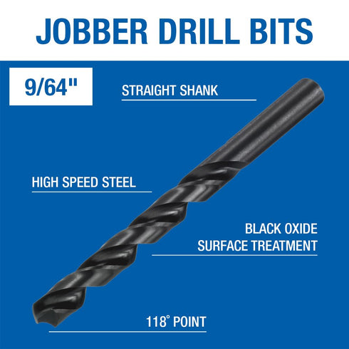 Champion Cutting Tool General Purpose Drill Bits for Metal and Wood (9/64 Inch) - 12 PCS, High Speed Steel with Black