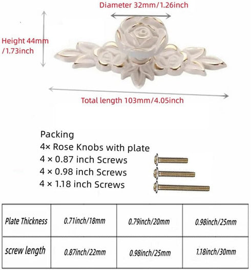 Hlsicnalm 4 Pcs Flower Drawer Pull Handles Rose Knob with Plate for Dresser Vanity Nightstand Cupboard